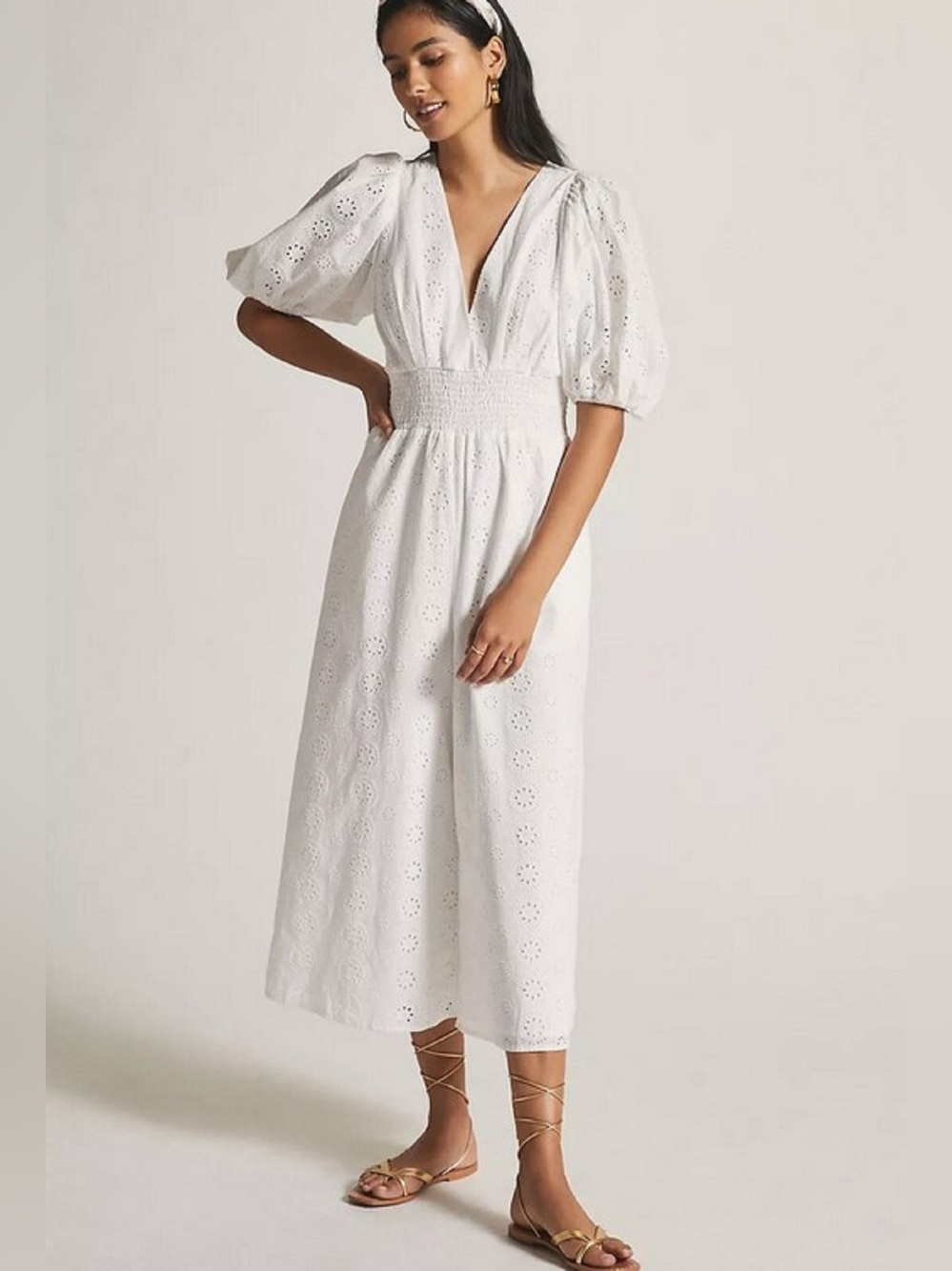 💕🌿 Anthropologie Hutch Smocked-Waist Eyelet Jumpsuit M Minimalist Coastal Chic